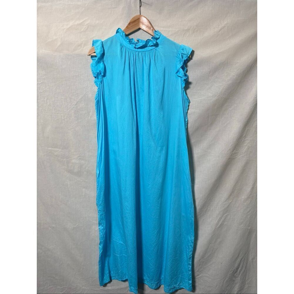 Stark Blue Cotton Midi Dress Large Ruffle Neck Sleeveless Swing Dress USA - Picture 2 of 9